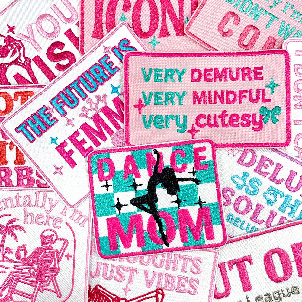 

Pink Text Embroidery Patches Iron on Patch DIY T-shirt Backpack Sassy Phrases Stickers DIY Cloth Decor Repair Sewing Applique