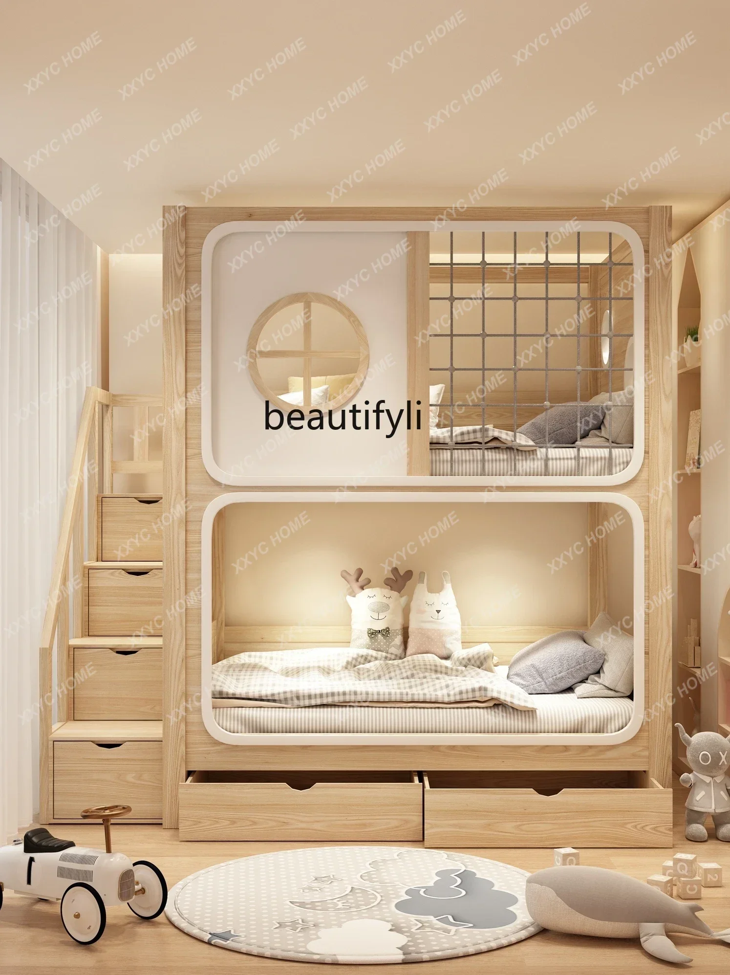 سرير حديث بطابقين من الخشب الصلب بالزيت والشمع العلوي والسفلي بطابقين للفتيات الأميرة سرير قابل لضبط الارتفاع #4