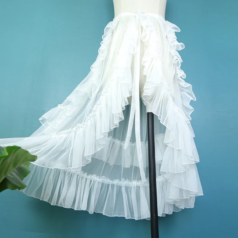 Dophee Luxury Bride Wedding Gauze Overskirts Perspective Asymmetric Ruffles High Waist Lolita Clothes Mid-long Mesh Fairy Skirts