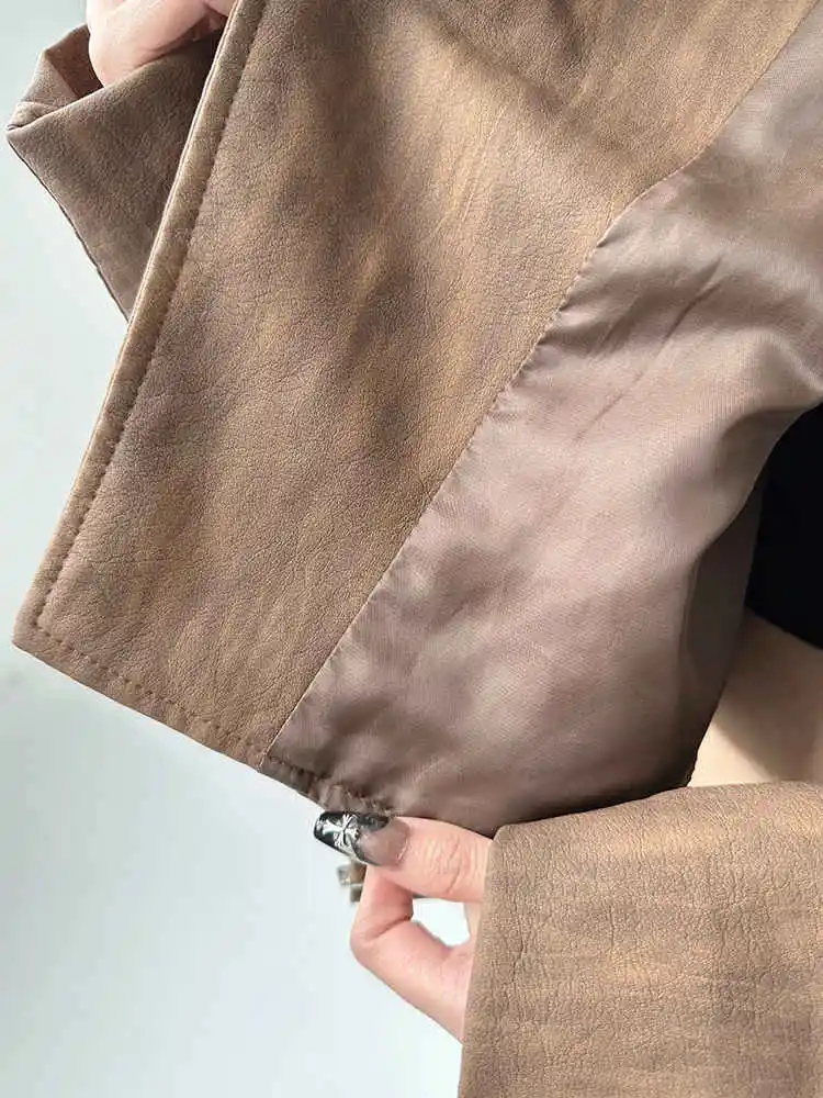 Vintage café motocicleta jaqueta de couro das mulheres outono nova moda solta turn down collar curto casacos do plutônio versátil streetwear