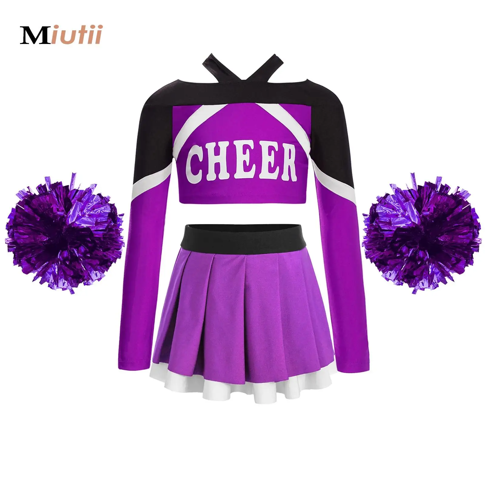 

Girls Cheerleading Uniform Long Sleeve Dance Costume Kids Cheerleader Outfit Cheer Letter Print Crop Skirts and Flower Ball Set