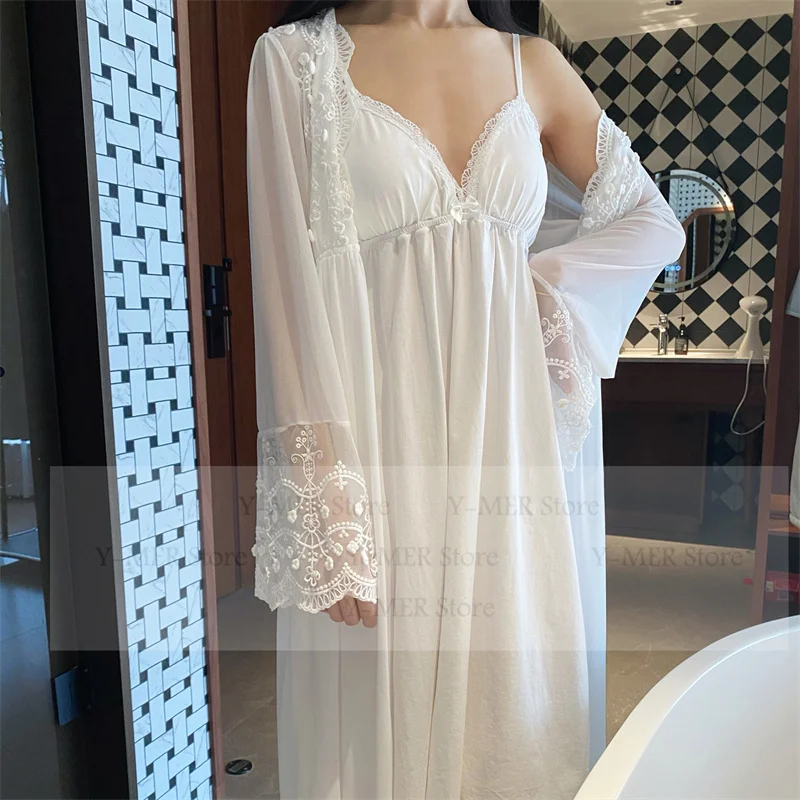 

Длинные платья Vestidos De Novia, женская хлопковая одежда для сна, сексуальный сетчатый рукав, кружевной халат с цветочным принтом, костюм из 2 предметов, Pijama Mujer, свадебное платье невесты
