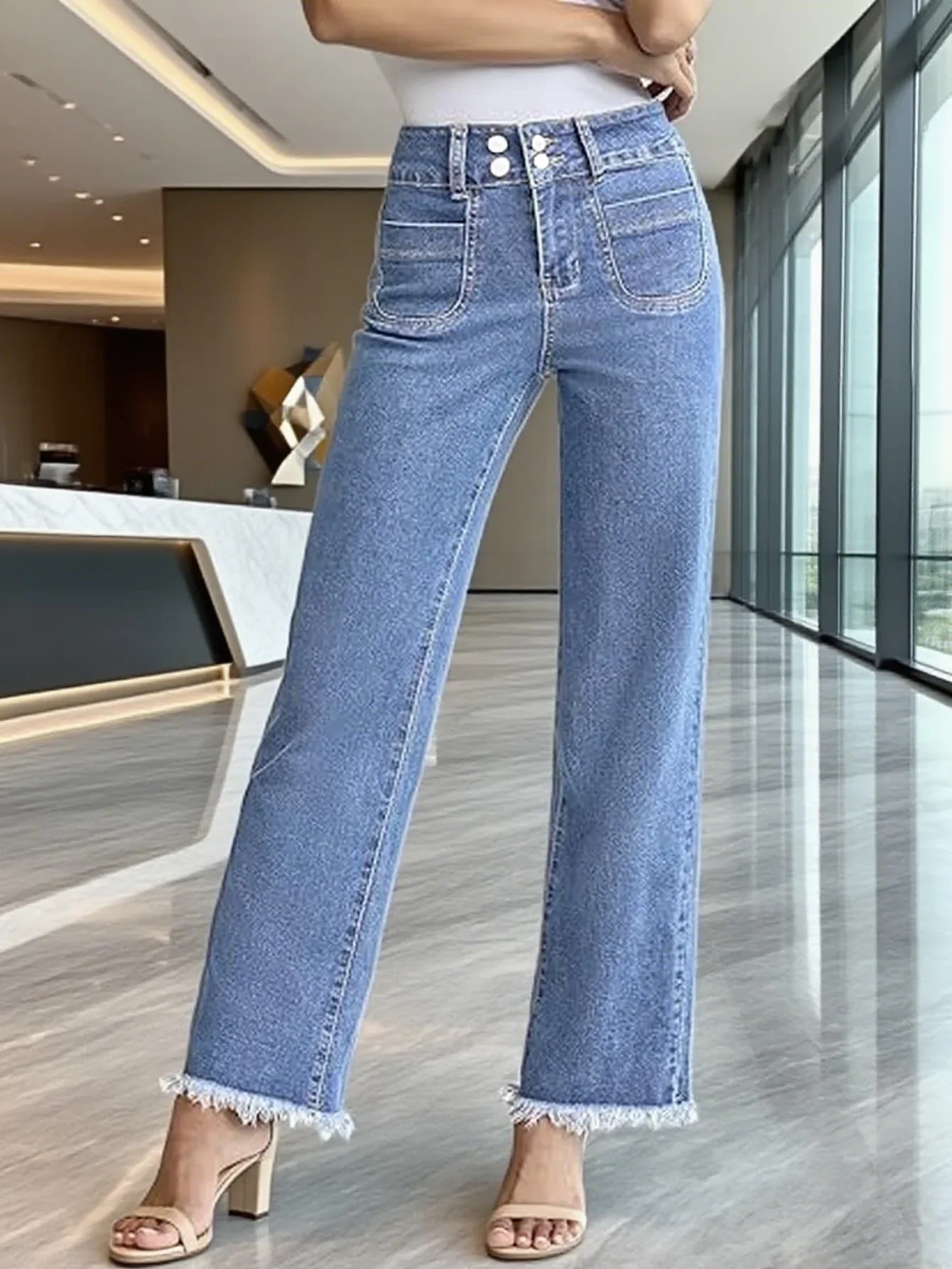 Y2k-Jeans für Damen, Stretch-Denim-Hose, hellblau, gerades Bein, mehrere Knöpfe, dekorative Tasche, neues Design