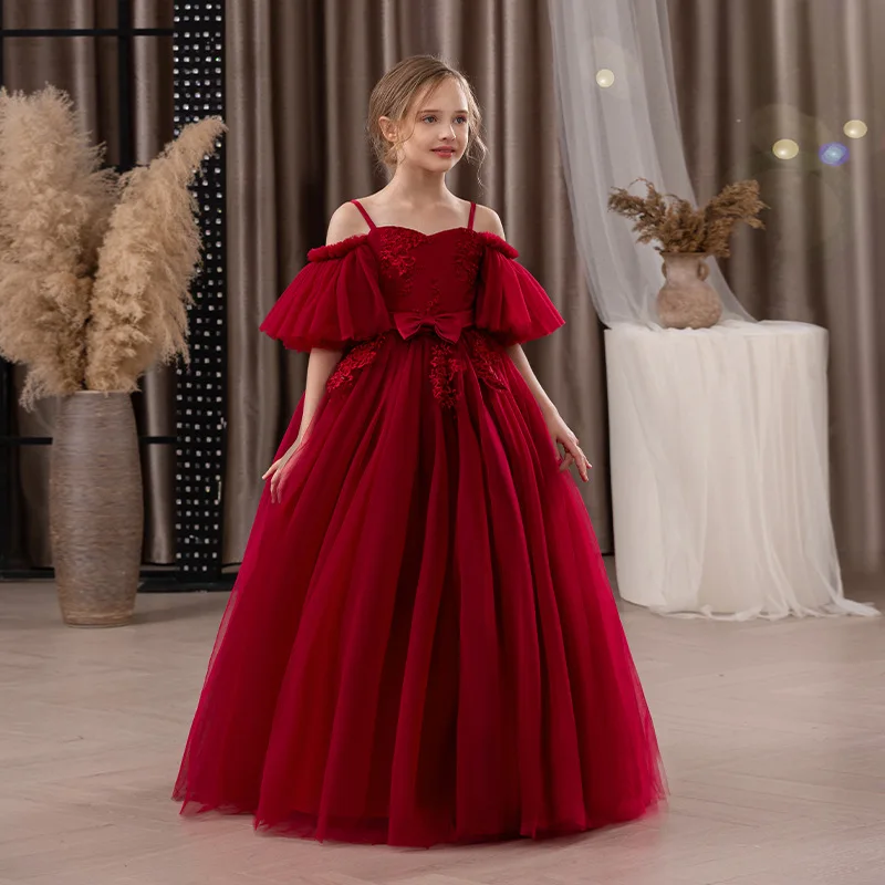 

Elegant Teens Girls Off-Shoulder Tulle Lace Bow Princess Dress For Kids Wedding Birthday Party Prom First Communion Long Gown