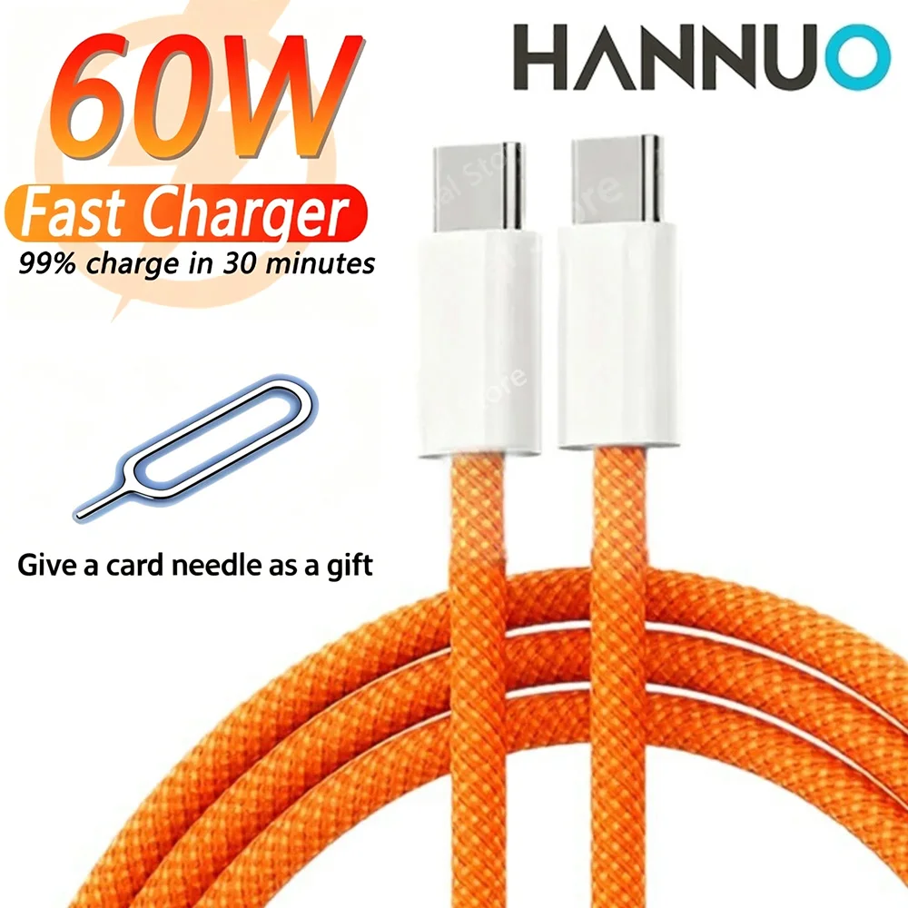 Cabo de Carregamento Rápido e Dados HANNUO 60W Tipo-C para USB-C para iPhone 17 16 15 Pro Samsung, Cabo USB-C para Celular com Agulha para Cartão USB