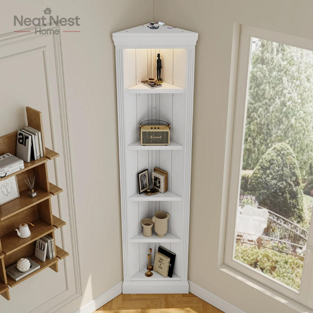 

Modern Corner Shelf/ Corner Bookcase with LED,Storage Standing Shelf, Display Stand for Space for Living Room/Home Office,White