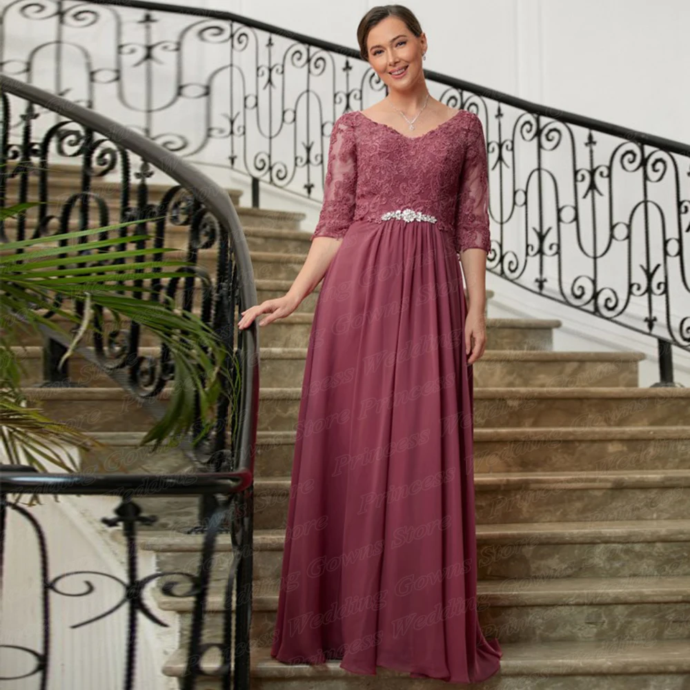 Robe d'invité de mariage élégante en mousseline pour marraine, demi-manches, avec des appliques de strass, longueur au sol, robe de mère de la mariée