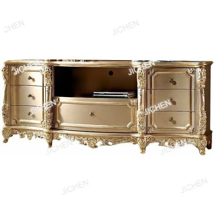 

HZ European Countertop Parquet TV Cabinet Cross-border Export Solid Wood Carving Flower Champagne Gold Storage Square Tea Cabine