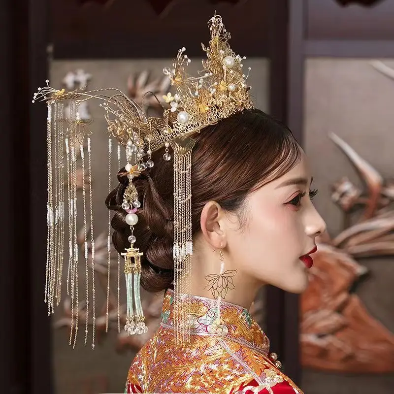 HIMSTORY Vintage Chinese Wedding Bride Hair Crown Wedding Tiara Bridal Queen Princess Headpiece Costume Xiuhe  Hair Accesories