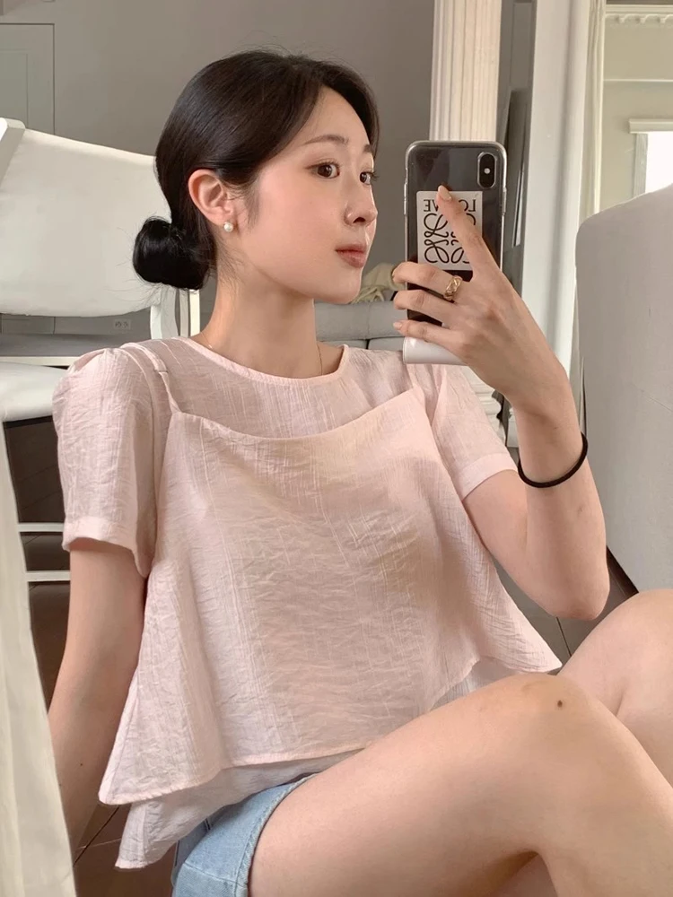 Chic Summer Gentle Wind Inner Bubble Sleeve Chiffon Shirt Texture Layering Strap Set Women's Fashionable Two-Piece Suit
