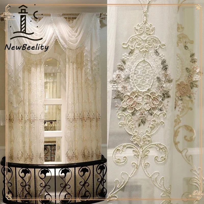 

European Luxury Tulle Turkish Embroidered Sheer Curtains for Living Room Bedroom Floral Window Drapes Custom Size Valance Decor