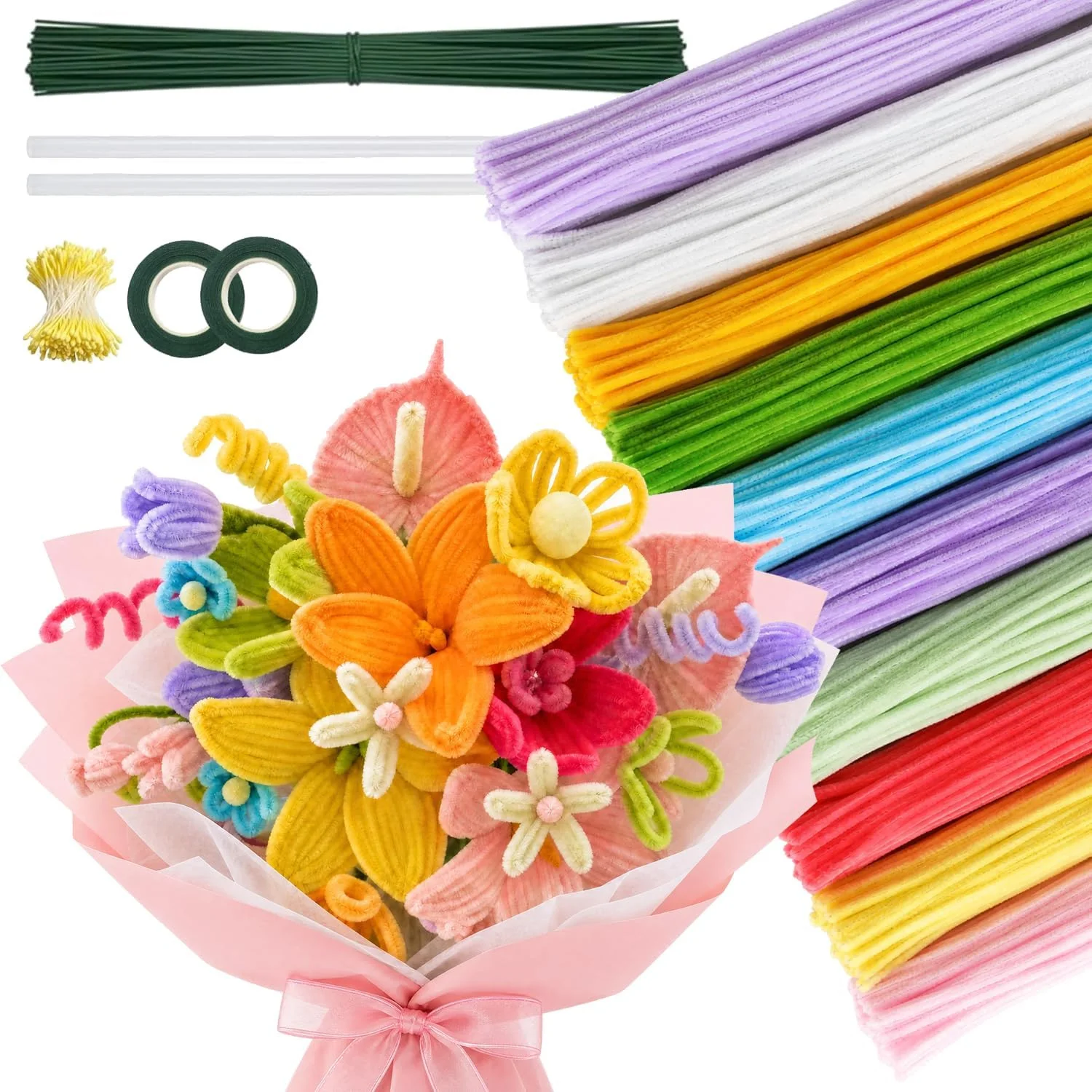 500 Stück Pfeifenreiniger-Blumenset, 20 Farben, Pfeifenreiniger für Bastelarbeiten, Pfeifenreiniger mit 25 Blumendrahten und Klebeband, Geschenk für Valentinstag, Weihnachten