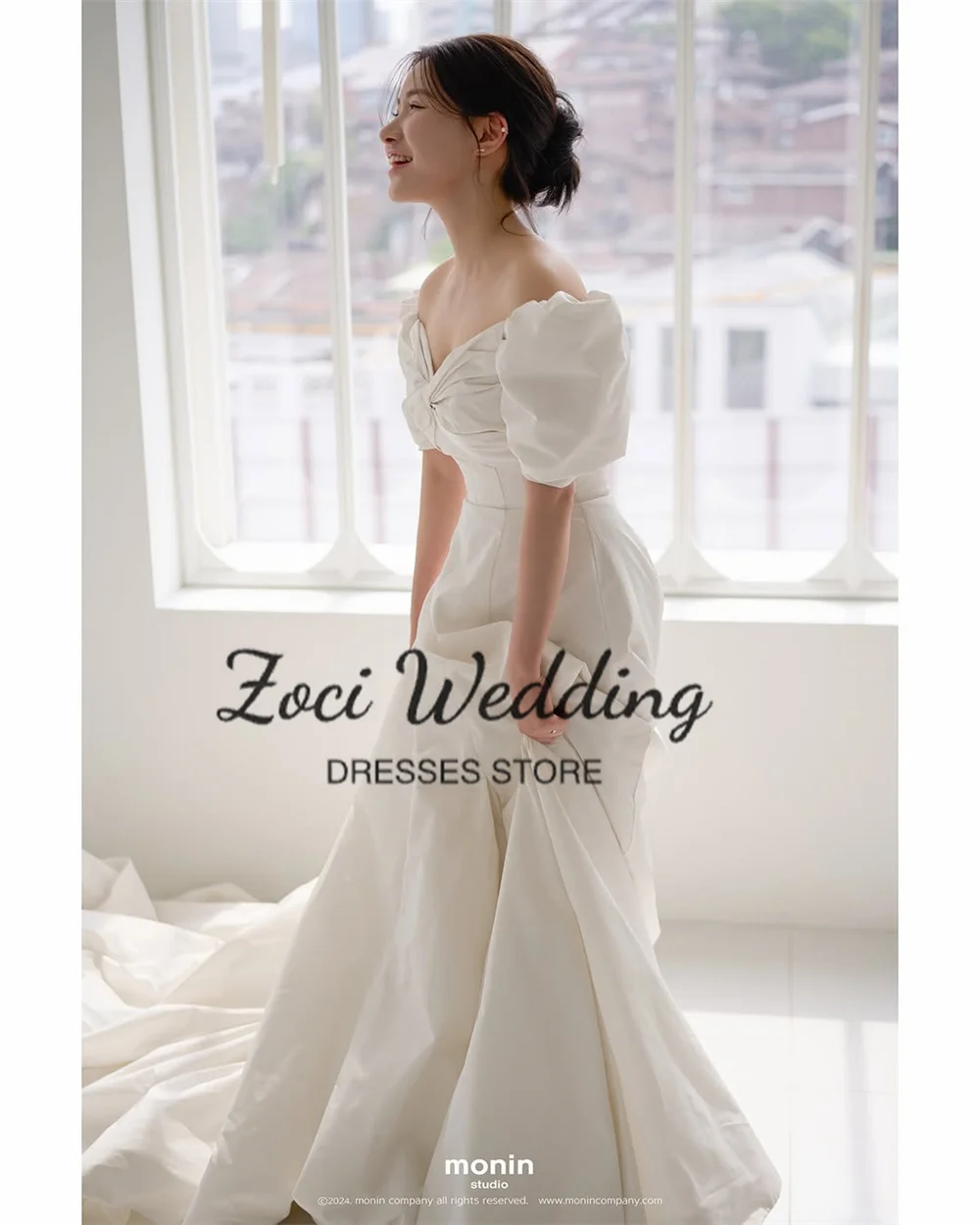 Zoci V Neck Off Shoulder Korea A Line Wedding Dresses Short Puff Sleeve Customized Photos Shoot Backless Sweep Train Bridal Gown