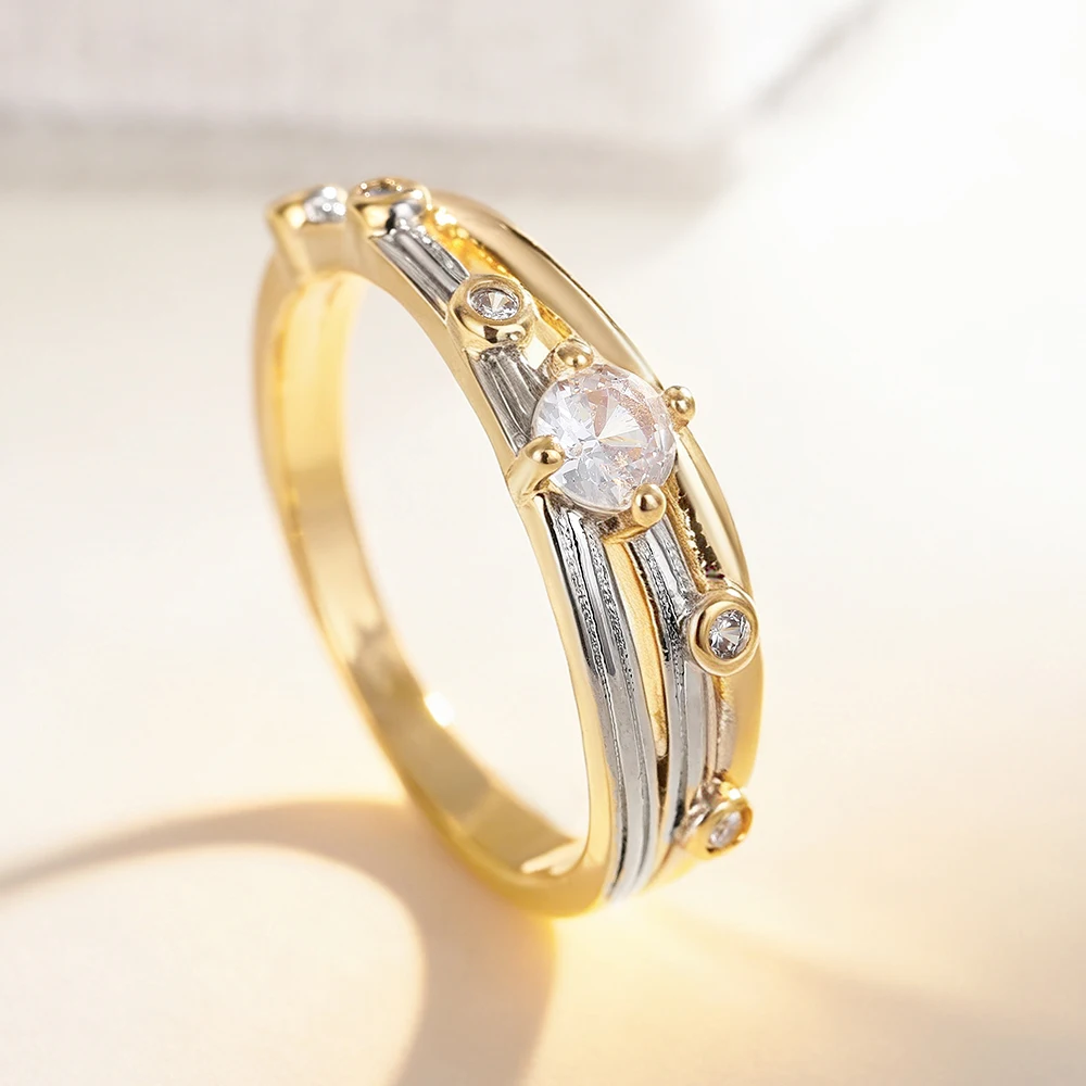 Huitan Minialist Design Damen-Ring im eleganten zweifarbigen Design mit glänzendem, rundem CZ-Stein, Accessoires für Party, Hochzeit, vielseitiger Alltagsschmuck