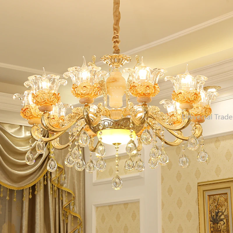 

European Gold Crystal Chandelier Living Room Lamp Simple Modern Hall Home Pandant Lamps Luxury Atmospheric Zinc Alloy Lamps