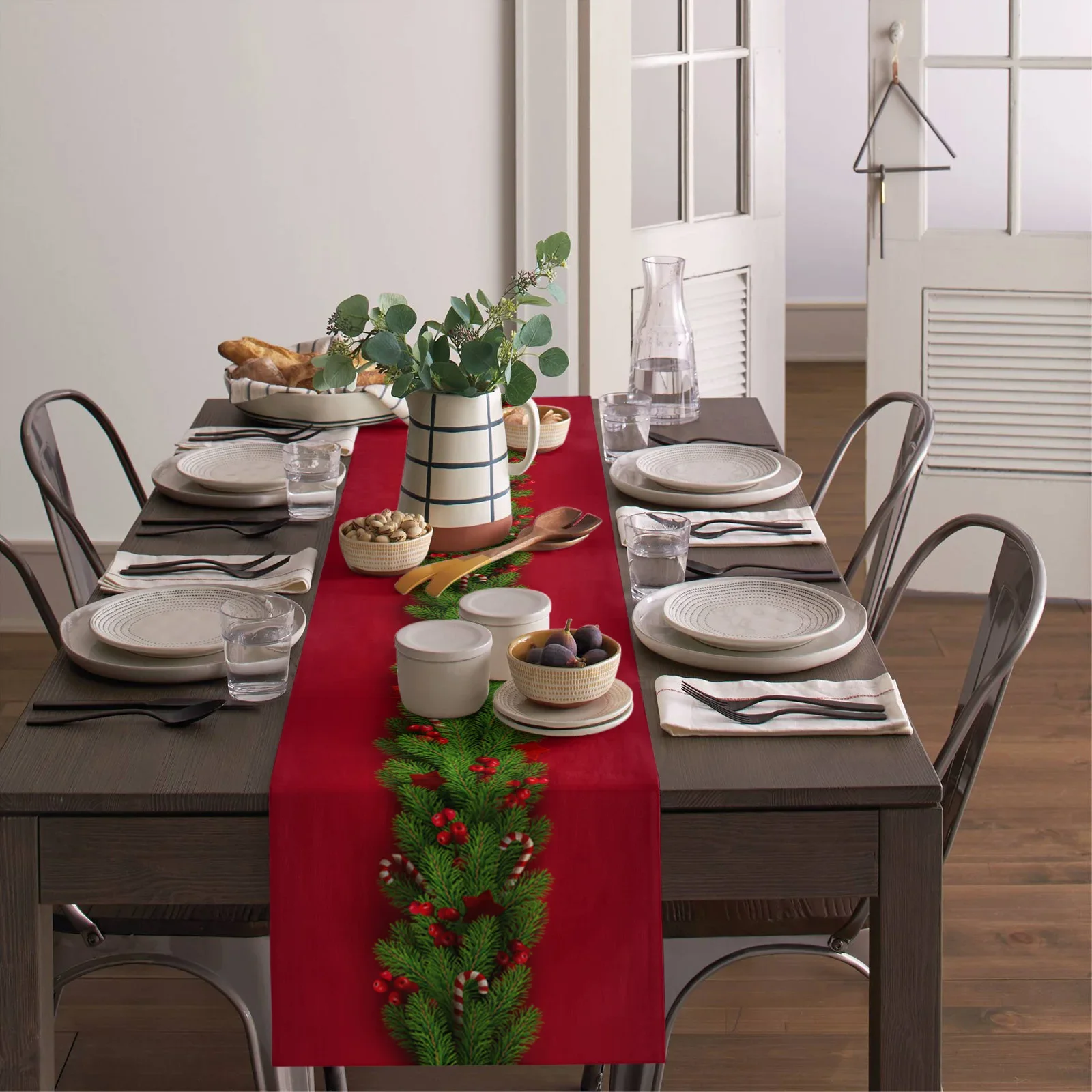 Christmas Tree Pine Needles Candy Bow Table Runner Wedding Decor Linen   for Dining  Party  Decoration