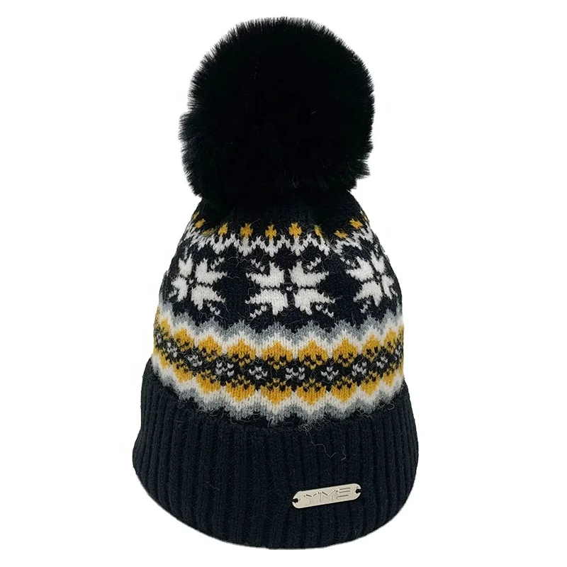 KENSHELLEY 2022 High Quality Winter Snowflake Big Brand Custom Christmas Beanie Soft Warm Thicken Knitted Beanie Hat With Lining