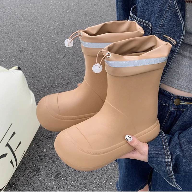 Women's Drawstring Cuff Rain Boots For All Seasons Fashionable Versatile Rain Boots Outdoor Mid-calf Solid Color EVA Rain Boots