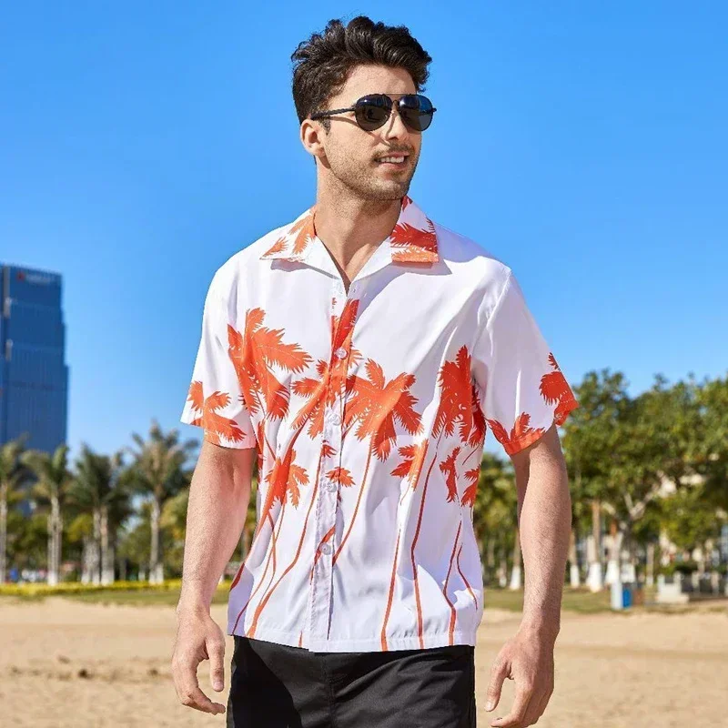 Fashion Beach Hawaiian Shirts Men Clothes Summer Coconut Tree Printed Short Sleeve Button Down Hawaiian Aloha Shirts Mens