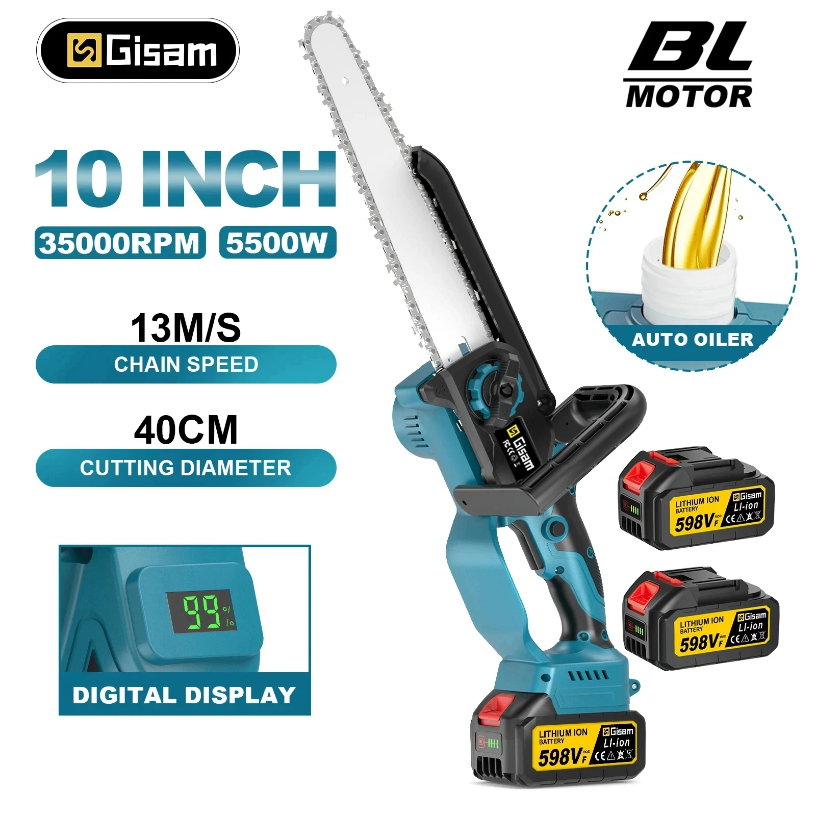 Gismis-motosierra eléctrica sin escobillas de 10 pulgadas, engrasador automático, sierra eléctrica inalámbrica, herramienta eléctrica para carpintería para Pin de batería Makita de 18v