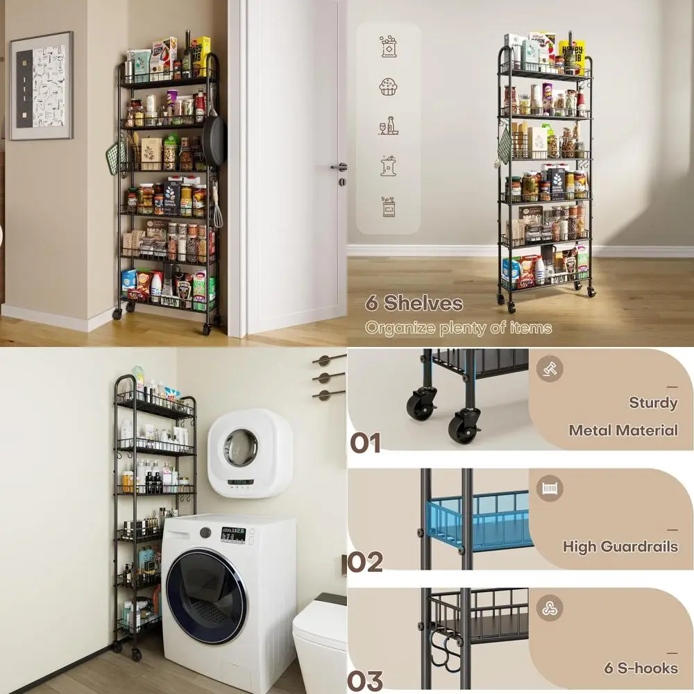 

6-Tier Metal Rolling Storage Cart with Wheels, Compact Utility Organizer for Kitchen, Office, and Laundry