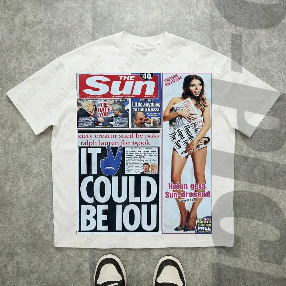 Harajuku American Newspaper Pattern Men's T-shirt Y2k  Women's Oversized T-shirt Couple Selection Gothic Street Wear Retro Top