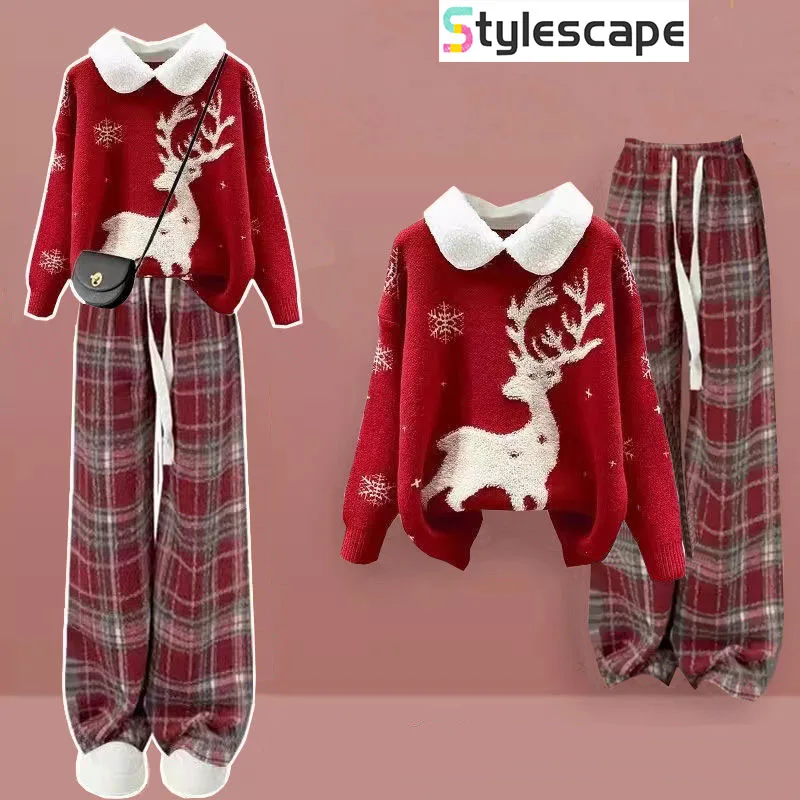 Winter Set 2024 New Year Korean Version Red Doll Collar Sweater+flannel Checkered Pants Two-piece Set Christmas Clothing Sweater