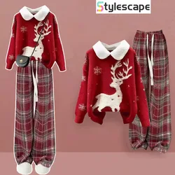 Winter Set 2024 New Year Korean Version Red Doll Collar Sweater+flannel Checkered Pants Two-piece Set Christmas Clothing Sweater