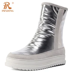 PRXDONG 2023 New Fashion Autumn WInter Warm Snow Boots Qulaity Leather Med Heels Platform Black Silver Real Fur Dress Casual 39