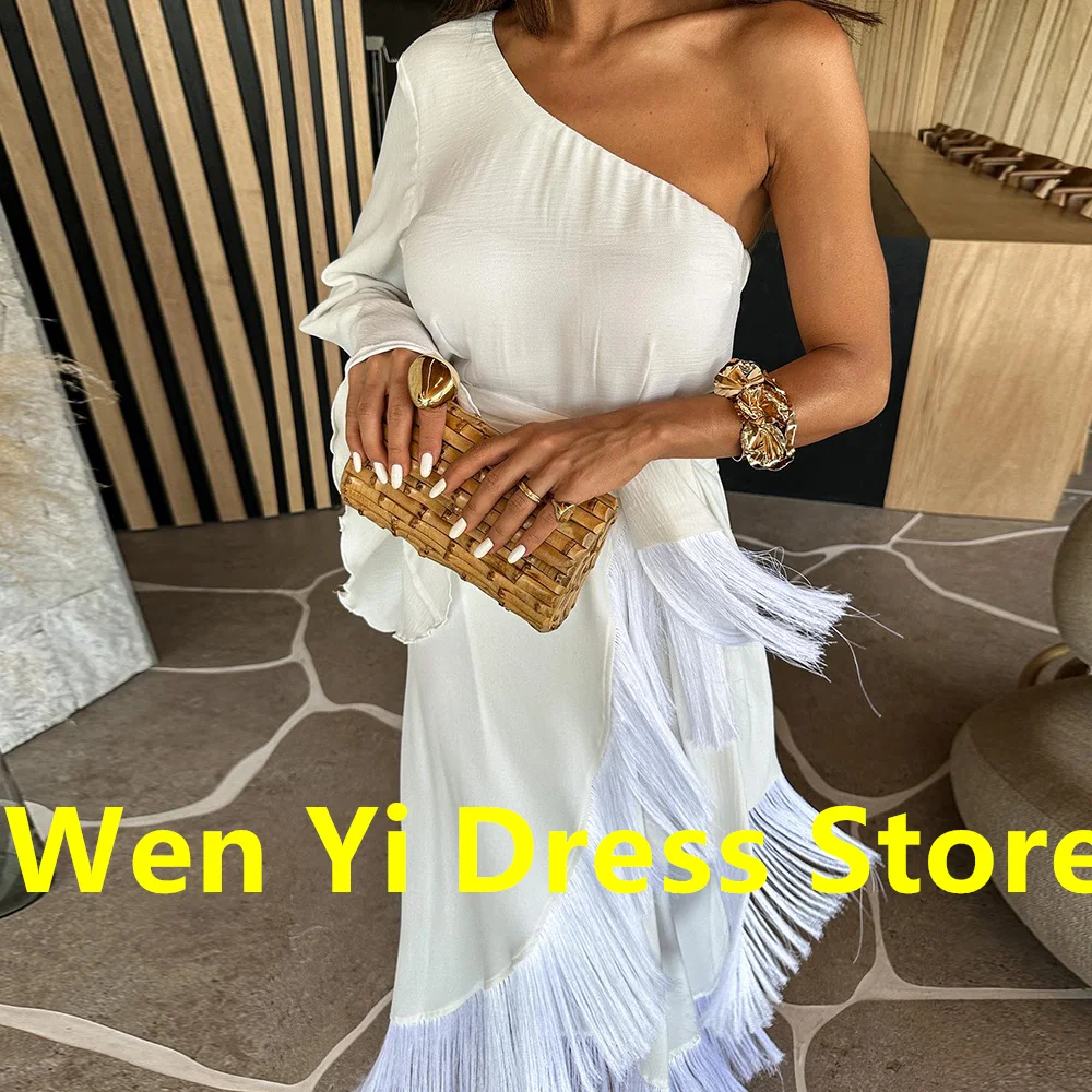 White Straight Jersey Long Sleeves One Shoulder Classic Celebrity Dress Tea Length Pleats Tassel Bespoke Occasion Gowns Classic