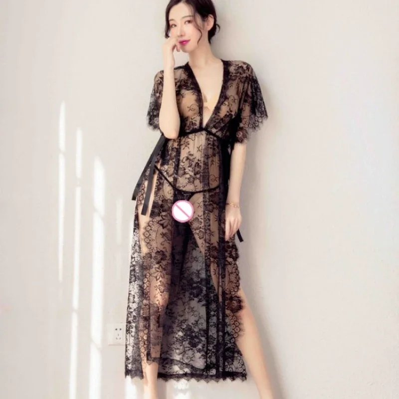 

Сексуальные ночные рубашки, женский комплект нижнего белья, черная прозрачная кружевная ночная рубашка с прозрачными люверсами и оборками, корсет, ночная одежда для женщин