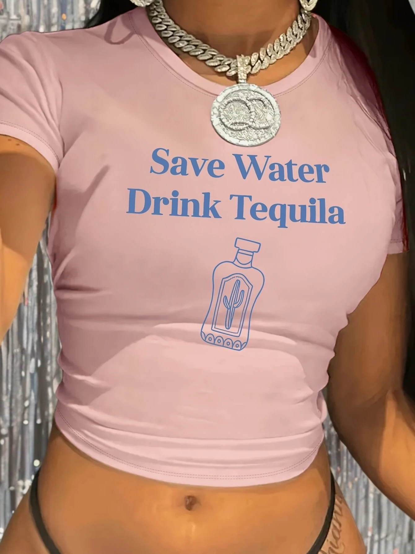 Save Water Drink Tequila-Druck, grafisches, kurzärmliges, lässiges Crop-Top mit Rundhalsausschnitt für Frühling und Sommer, Damenbekleidung, T-Shirt