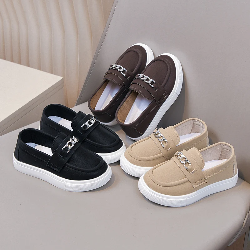 Fashion Kids British Style Casual Shoes with Metal Chain 2026 New Autumn Unisex Loafers Soft Slip-On Barefoot Sneakers Flat