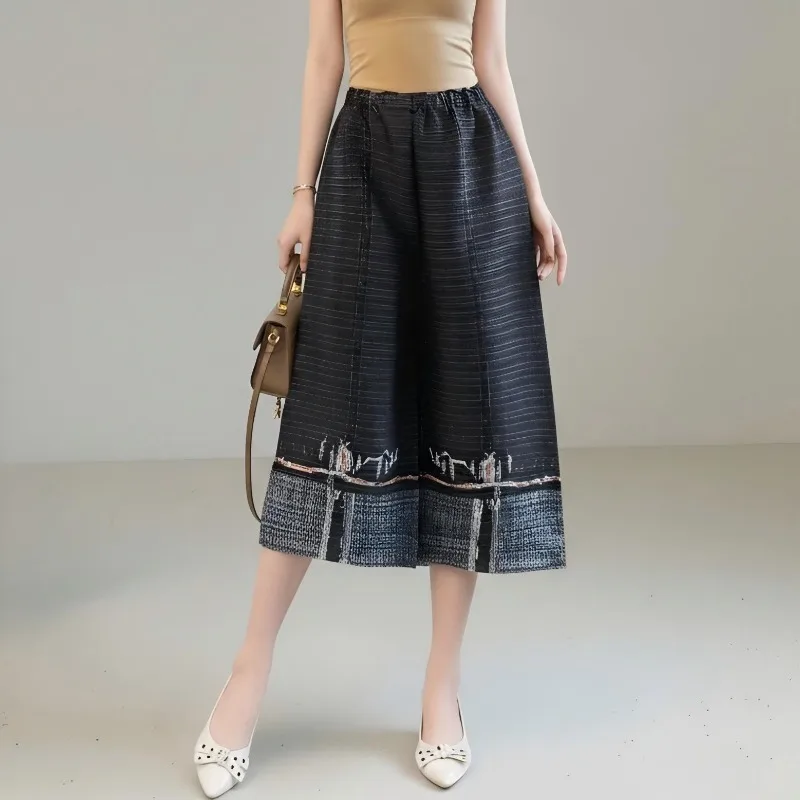 Miyake Imitation Denim Print Wide-Leg Cropped Pants New Elastic Waist Color-Block Loose Draped Plus Size Casual Pants for Women
