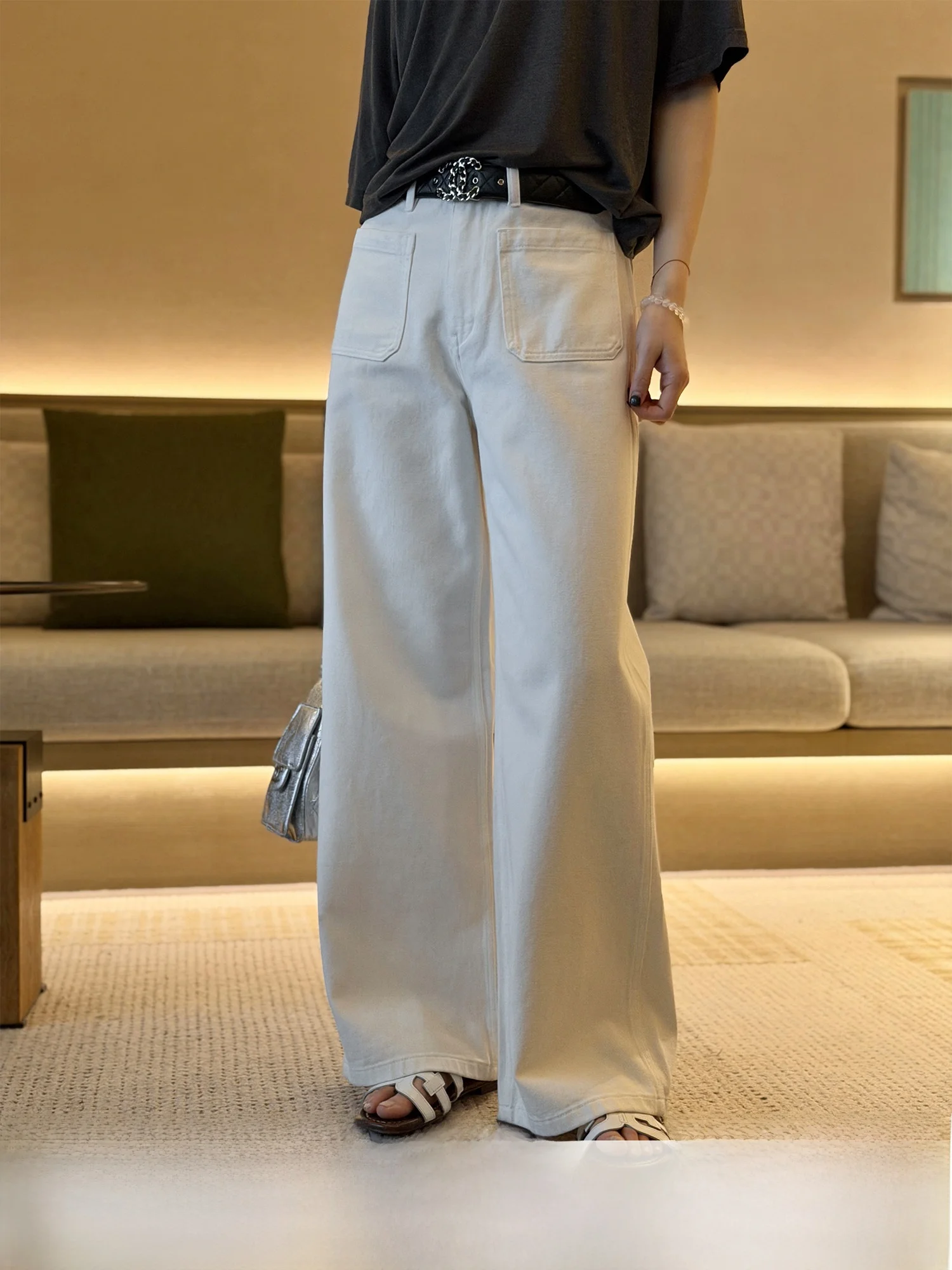 

Yang Xiaoyao White Cotton Jeans Women's Casual Straight Leg Jeans Pockets Natural Waist Pure Color Spring Season Non-stretch