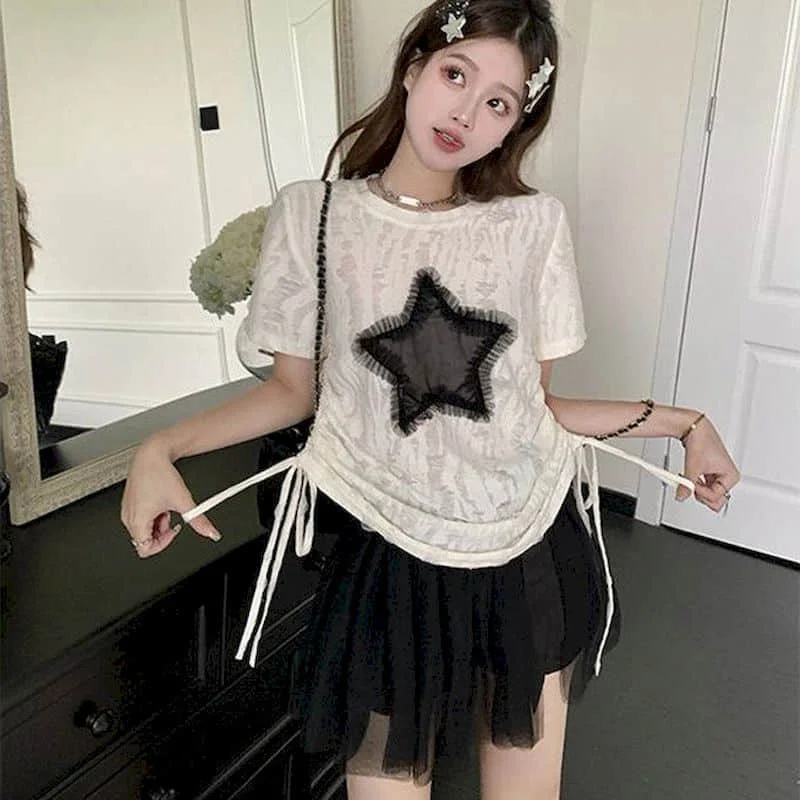 Dress Sets Casual Summer New  Korean Style Fashion Sweet Star Short Sleeve T-shirt and Gauze Skirts Two Piece Sets Women Outfits