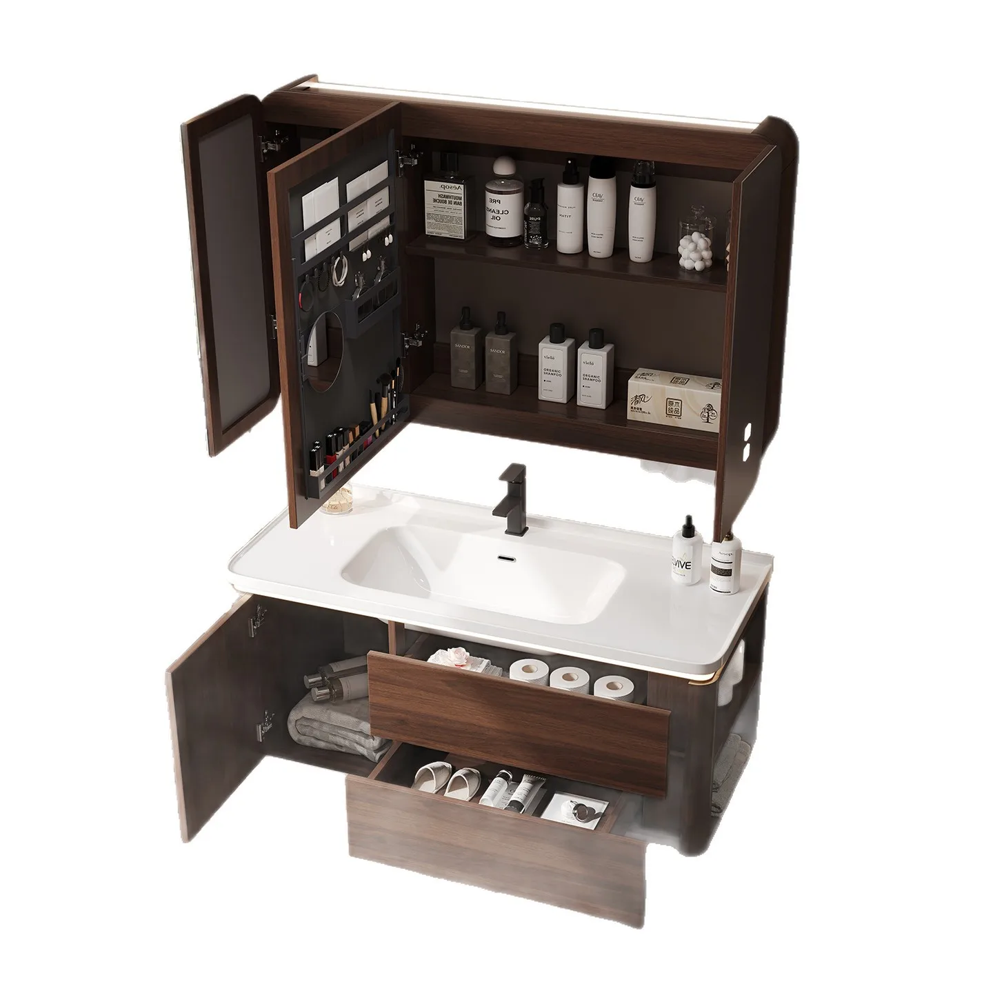 Medieval walnut color arc bathroom cabinet combination bathroom ceramic integrated washing table wash basin