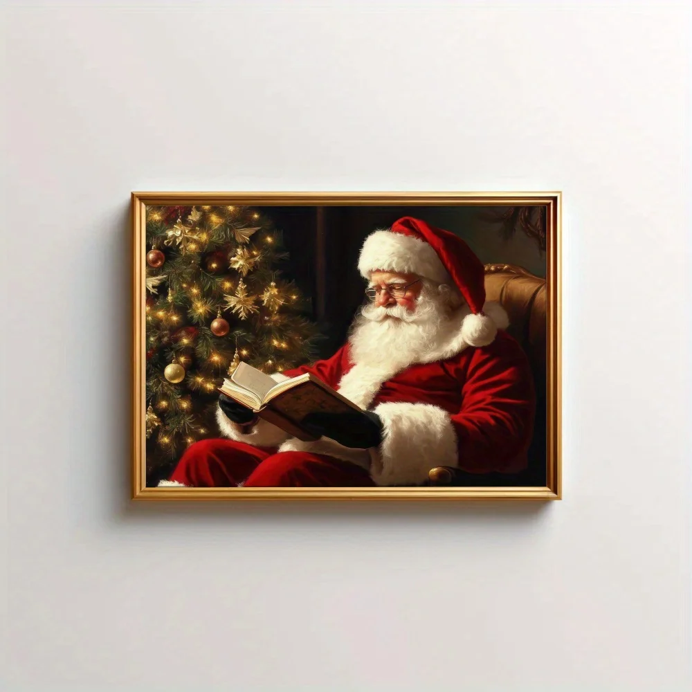 2D Flat, 2D Flat, 1pc Wall Decor Featuring a Vintage Poster of Santa Claus with a White Beard Reading a Book. This Canvas Pai