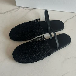 Withered Vintage Hand Woven Flat Slippers Shoes Sandals Mules Shoes Women Minimalism Black Fashion Ladies Casual For Summer