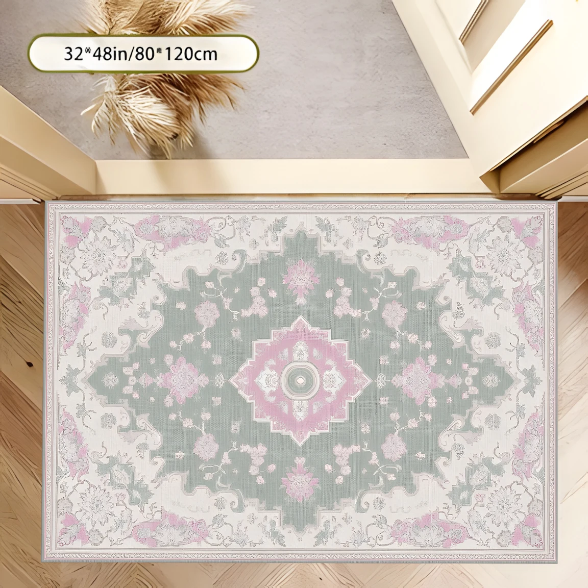 2D Carpet with Pink and Green Retro Symmetrical Persian Pattern in Light Luxury Retro Style for Living Room and Bedroom