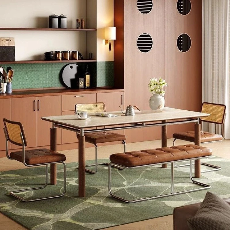 

Medieval rock slab dining table rectangular solid wood retro small apartment Nordic metal home modern