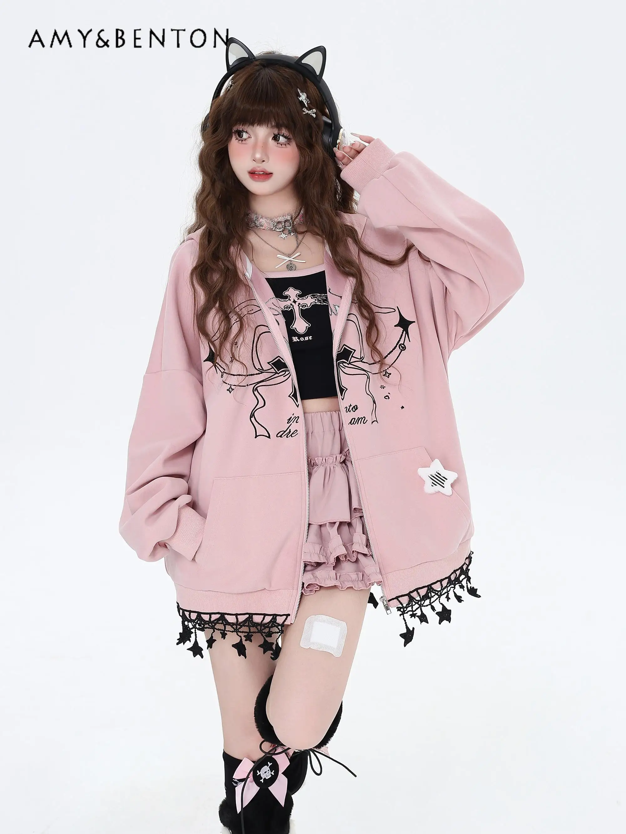 

Original Sweet Cool Cartoon Embroidered Oversized Hoodies Women Autumn Winter New Preppy Style Cute Loose Casual Zip Up Hoodie