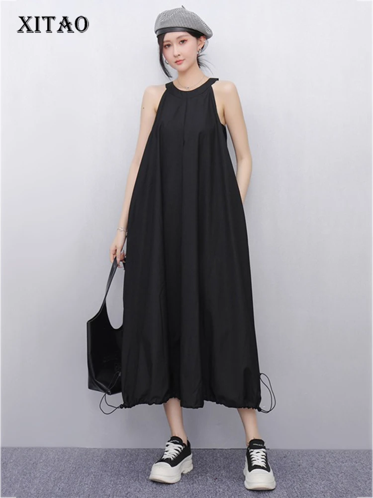 

XITAO Pleated Drawstring O-neck Dress Casual A-line Sleeveless Loose Fitting Slimming Solid Color Fashion Summer Dress ZMY1184