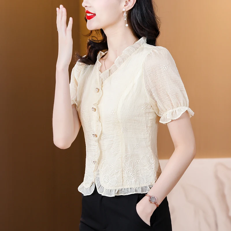 2025 Summer New Sweet Blouse Women V-neck Lace Splicing Short Sleeve Shirt Slim Breasted Shirt for Women Elegant Female Clothing