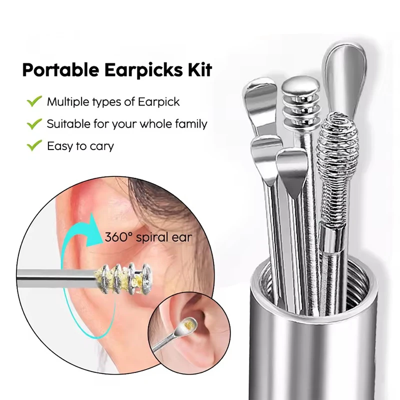 Stainless Steel Ear Wax Removal Tool Set Spiral Rotating Ear Picking Spoon Ear Picker Spoon Cleaning Remove Ear Wax Bath Tools