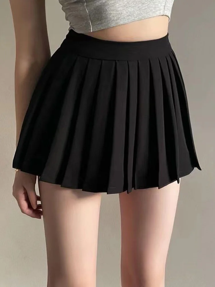 Mini Fashion Unlined Summer Clothes Student Style High Street Solid Black Harajuku Short Pleated Skirts Women