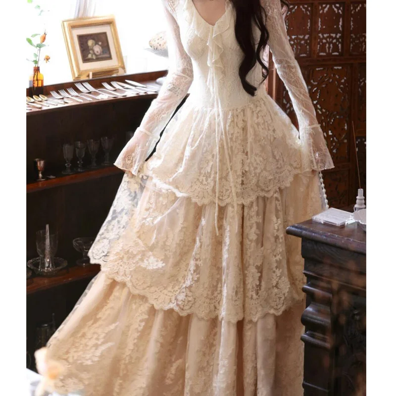 Elegante luxo vintage três camadas torre rendas vestido de festa cerimônia vestido plissado com decote em v longo grande bainha vestidos para mulher 2025