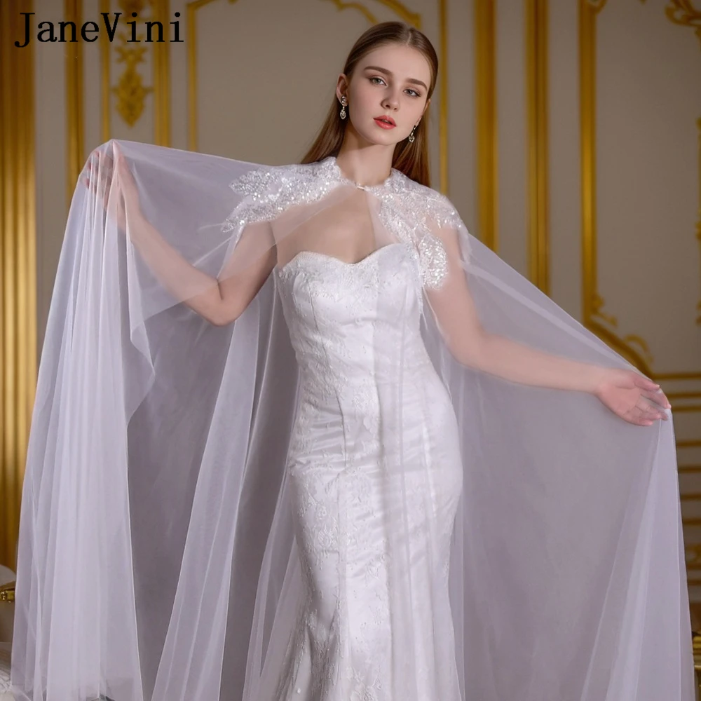 

JaneVini Shiny Sequined Bridal Bolero Wedding Cloak Braut Cape Long Train Soft Tulle Bride Dress Shawl Shrug Women Wraps Stole