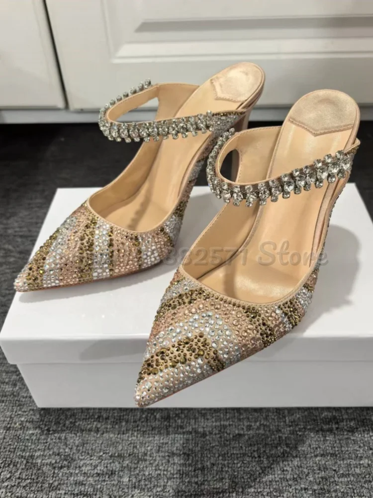 

Pink Crystal Chain Strap Women Shoes Slip-on Slippers Pointed Toe Cover Head Solid Fashion Luxury Summer Sandals Large Size Sexy
