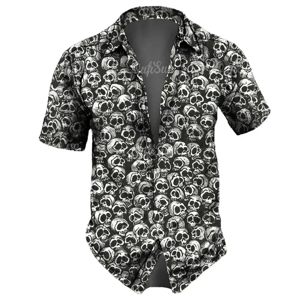 Men\'s casual Hawaiian lapel 3D horror skull retro printed button short sleeved shirt